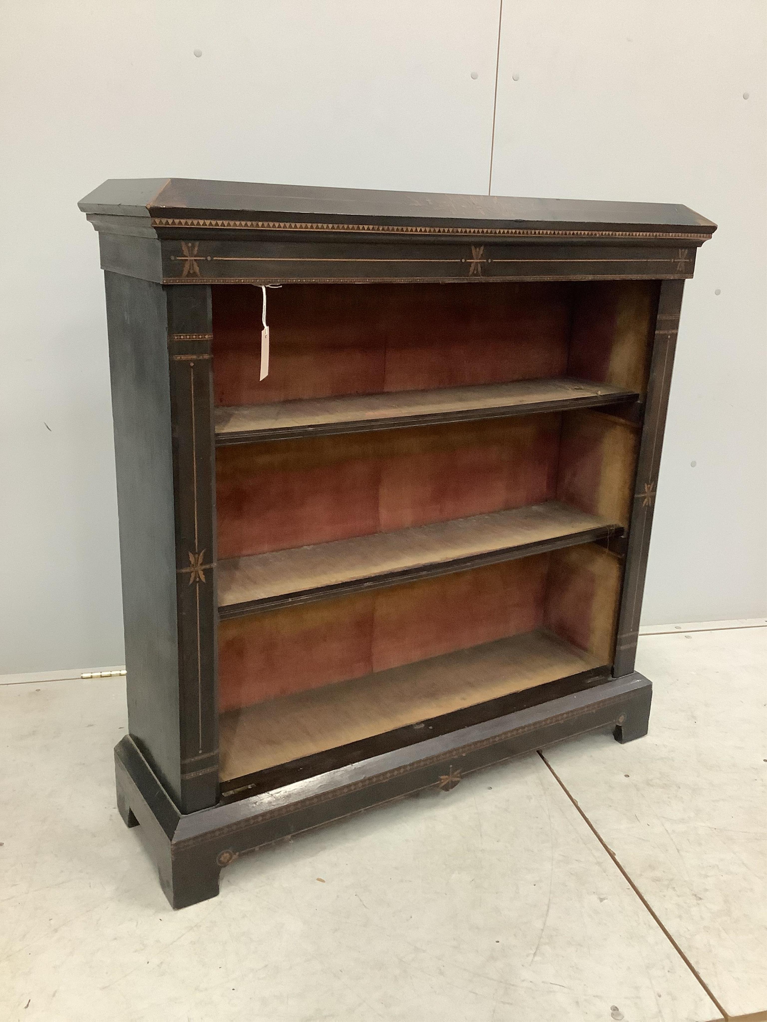 A late 19th century painted open bookcase, adapted, width 104cm, depth 32cm, height 107cm. Condition - fair